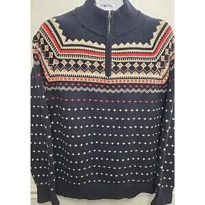 J Crew Wool Pullover 1/4 Zip Sweater Men XL Mock Neck Birdseye Nordic Blue Red